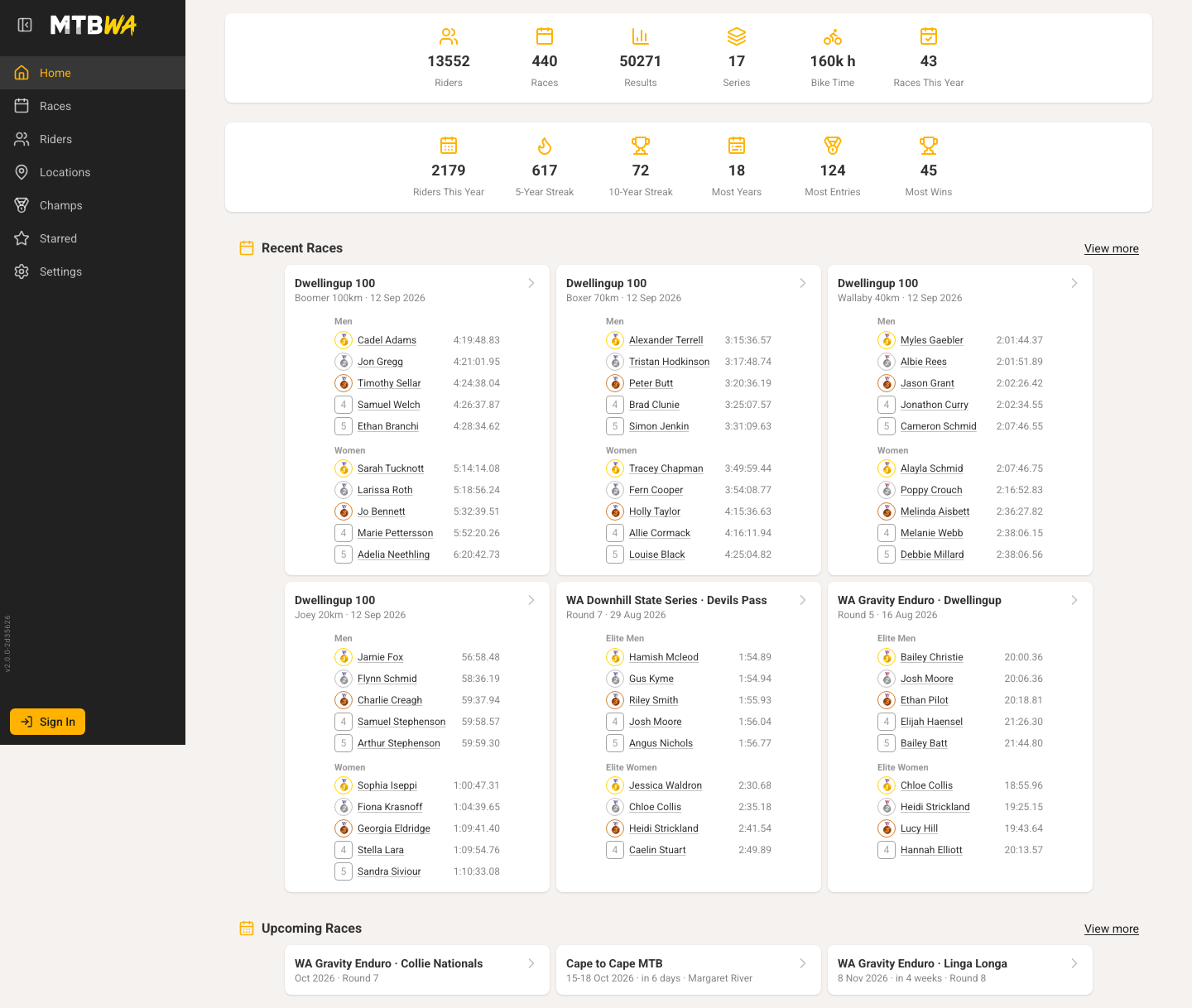 MTB WA Race Results home screen with rider name search